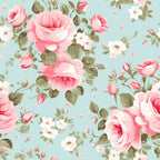 Pattern of pink roses and white flowers with green leaves on a light blue background.