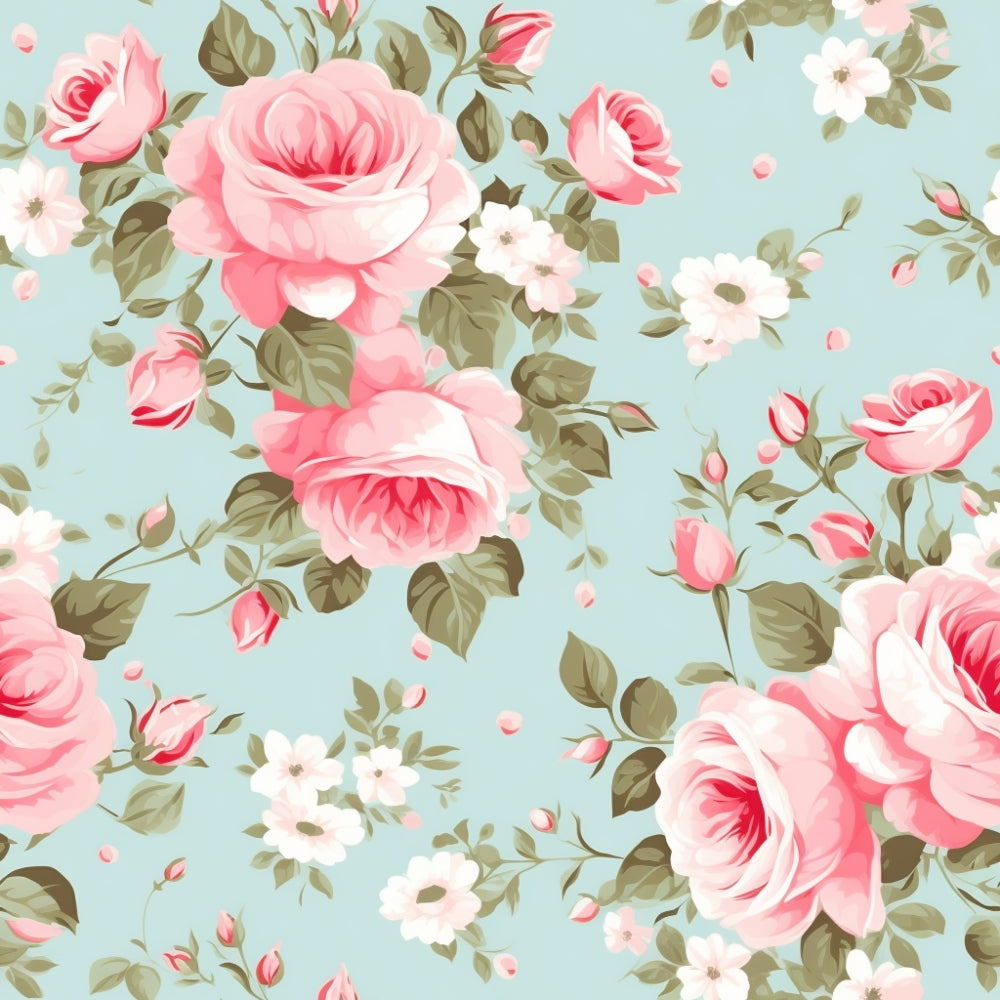 Pattern of pink roses and white flowers with green leaves on a light blue background.