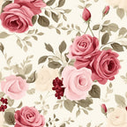 Pattern of pink and red roses with green leaves on a cream background.