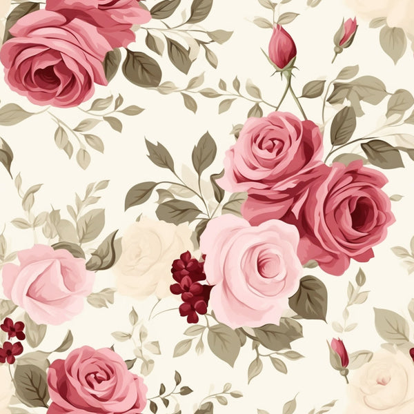 Pattern of pink and red roses with green leaves on a cream background.