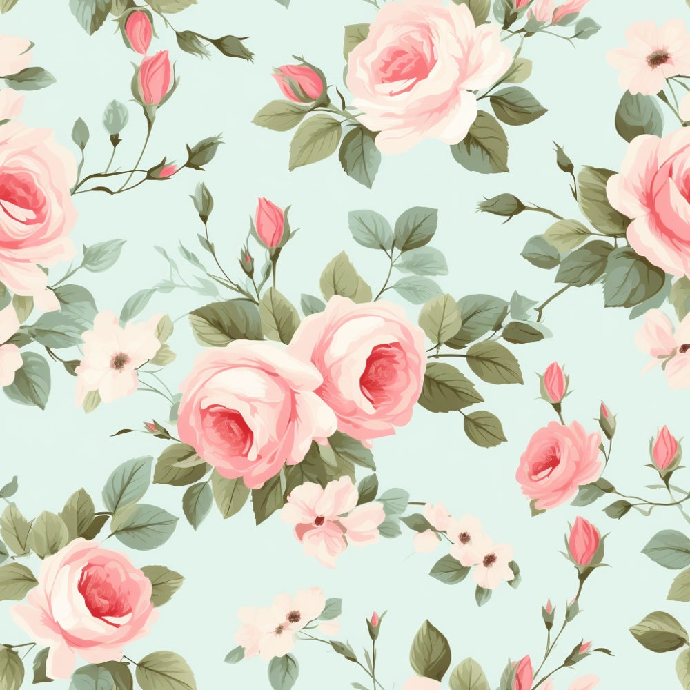 A seamless floral pattern featuring pink roses and small white flowers with green leaves on a light pastel background.