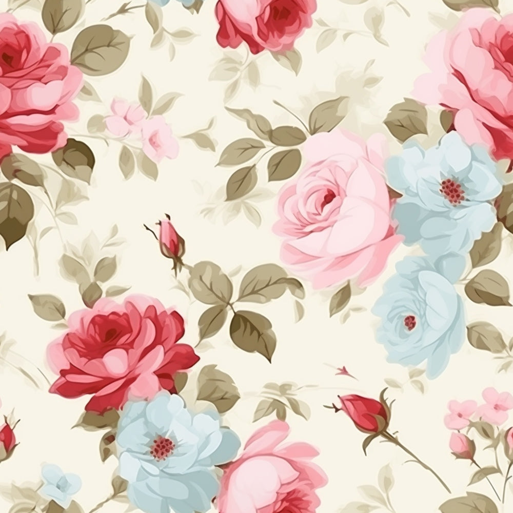 Floral pattern with red, pink, and blue roses and green leaves on a cream background.