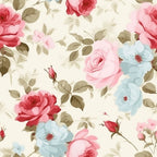 Floral pattern with red, pink, and blue roses and green leaves on a cream background.
