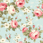 Patterned image with pink and white roses and green leaves on a light blue background.