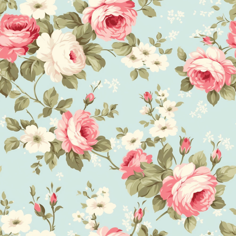Patterned image with pink and white roses and green leaves on a light blue background.