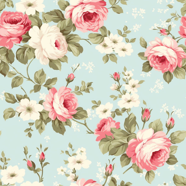 Patterned image with pink and white roses and green leaves on a light blue background.
