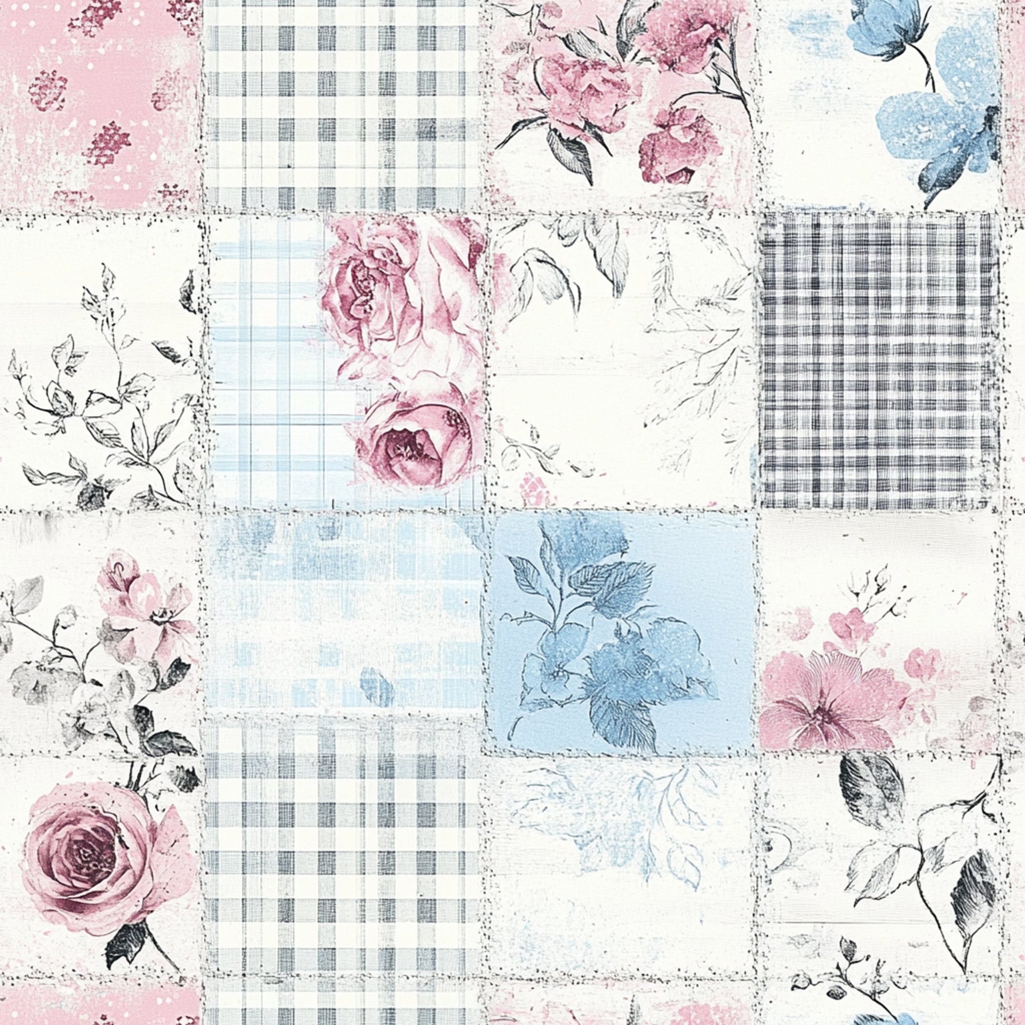 Shabby Chic Floral Gingham Pattern 5 Minky Fabric