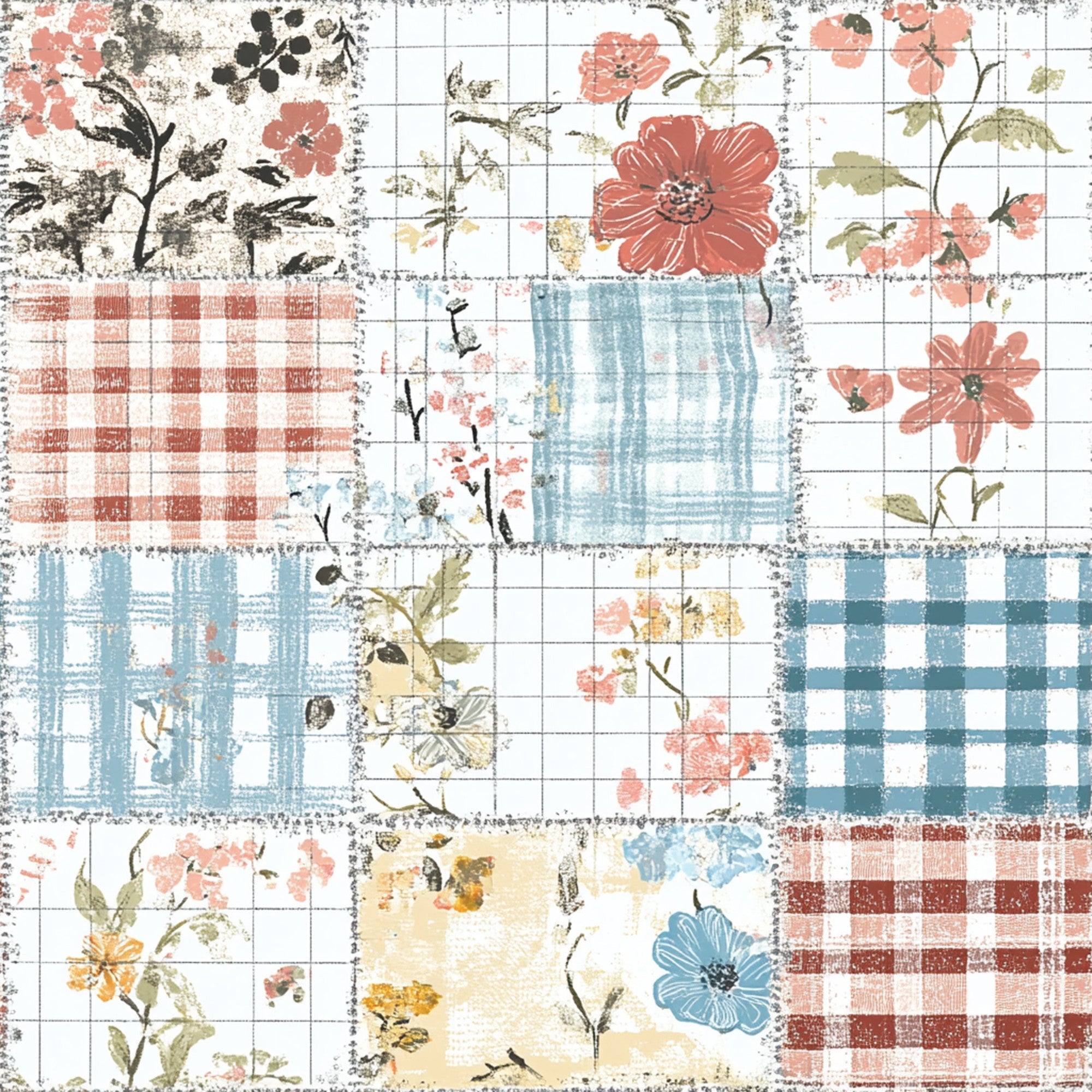 Shabby Chic Floral Gingham Pattern 9 Minky Fabric