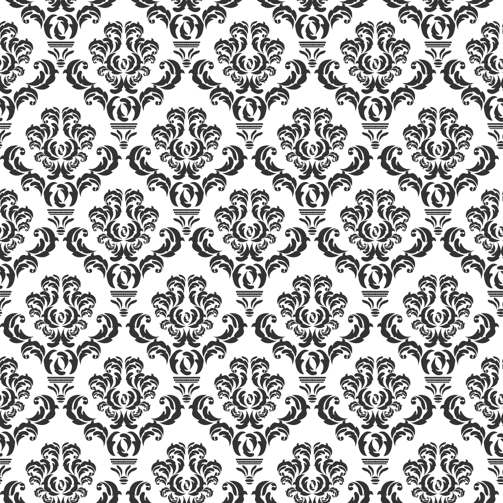 Black and white damask pattern featuring ornate floral and leaf motifs repeated symmetrically.