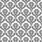 Black and white damask pattern featuring ornate floral and leaf motifs repeated symmetrically.