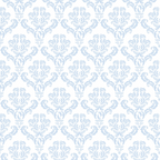 A repeating light blue floral damask pattern on a white background.