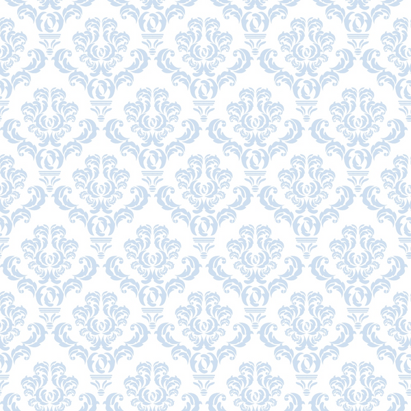A repeating light blue floral damask pattern on a white background.