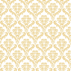 Golden damask pattern on a white background, featuring intricate floral and leaf motifs repeated uniformly across the image.