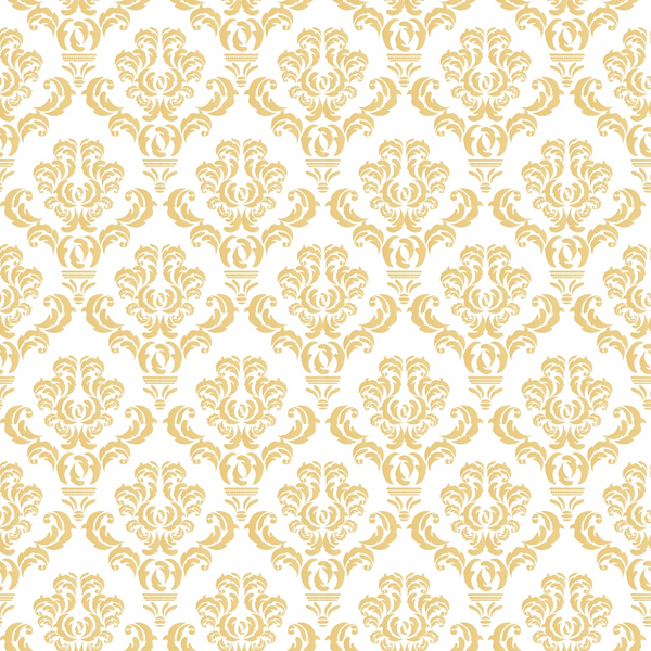 Golden damask pattern on a white background, featuring intricate floral and leaf motifs repeated uniformly across the image.