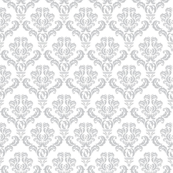 Gray and white damask pattern with intricate floral and leaf motifs repeated across the image.