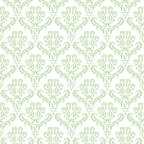Green floral damask pattern on a white background, featuring intricate symmetrical designs.