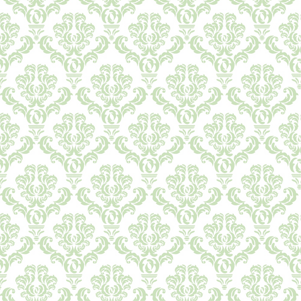 Green floral damask pattern on a white background, featuring intricate symmetrical designs.