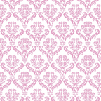 Pink and white ornamental damask pattern repeated symmetrically across the image.