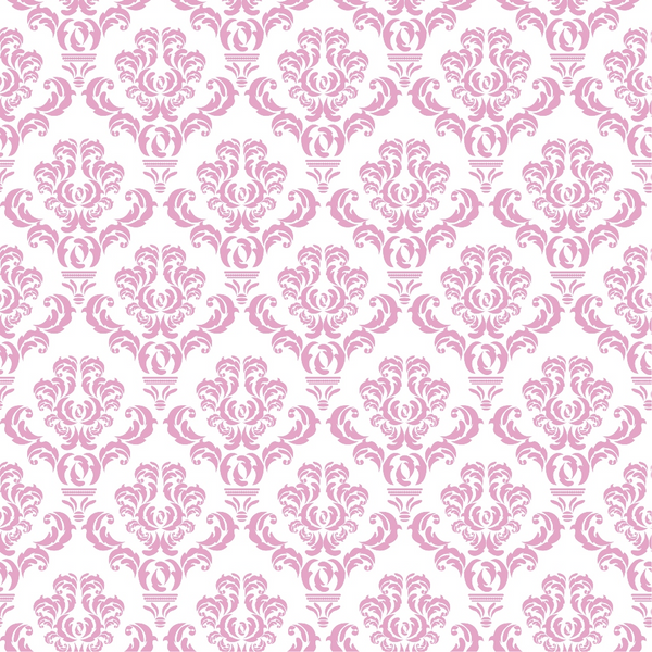 Pink and white ornamental damask pattern repeated symmetrically across the image.