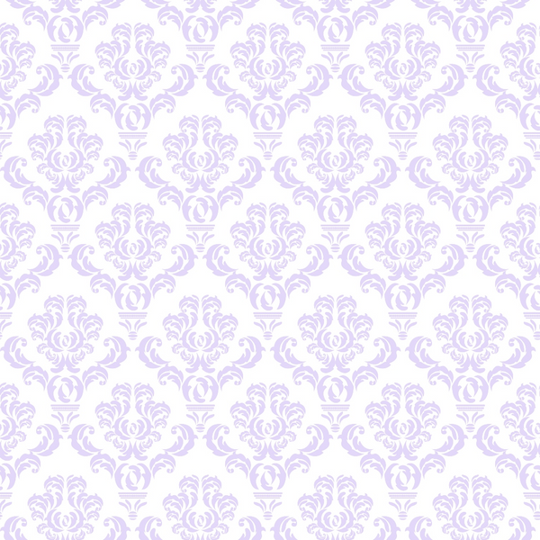 A seamless pattern with ornate, lavender floral motifs on a white background, forming a repetitive, elegant design.
