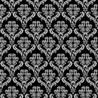 Ornate black and gray damask pattern featuring intricate floral and swirl motifs in a symmetrical arrangement.
