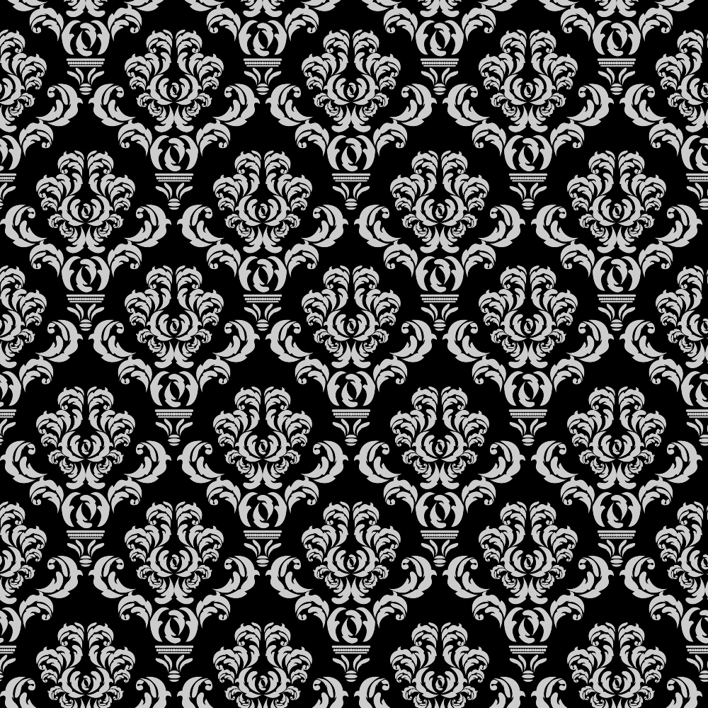Ornate black and gray damask pattern featuring intricate floral and swirl motifs in a symmetrical arrangement.