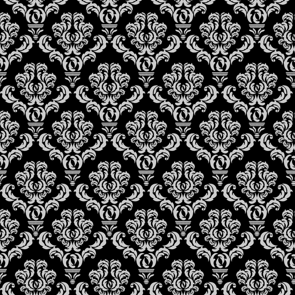 Ornate black and gray damask pattern featuring intricate floral and swirl motifs in a symmetrical arrangement.