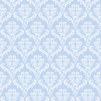 Ornate white floral damask pattern on a light blue background.