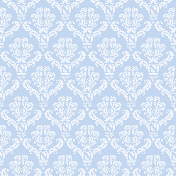 Ornate white floral damask pattern on a light blue background.