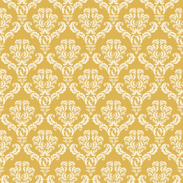 Ornate yellow and white damask pattern featuring symmetrical floral motifs.