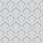 Gray and white floral damask pattern with symmetrical, intricate designs repeating uniformly.
