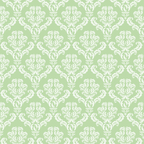 Green background with an ornate white floral damask pattern, repeated symmetrically across the image.