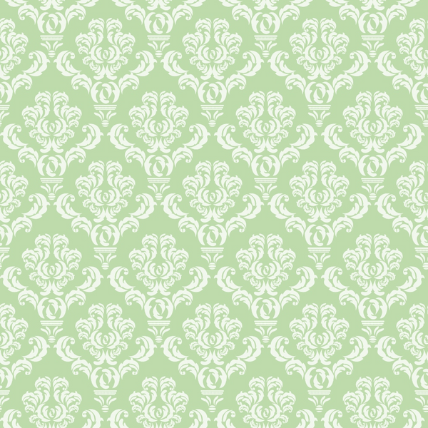 Green background with an ornate white floral damask pattern, repeated symmetrically across the image.