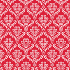 Red and white damask pattern featuring ornate, symmetrical floral motifs arranged in a repeating design.