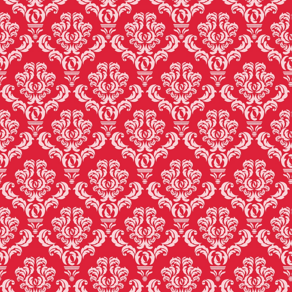 Red and white damask pattern featuring ornate, symmetrical floral motifs arranged in a repeating design.