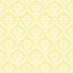 A repeating white floral damask pattern on a pale yellow background.