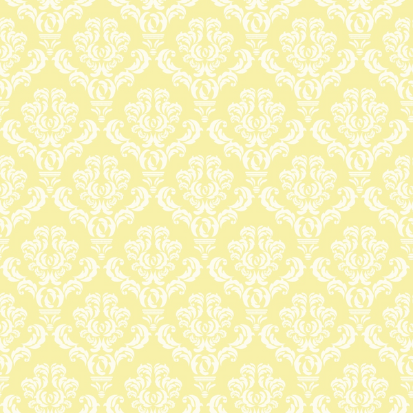 A repeating white floral damask pattern on a pale yellow background.