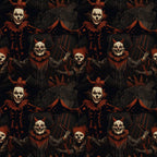 Repeating pattern of sinister clowns with white skull-like faces, red neck ruffles, and black clothing, set against a dark background with abstract red and black designs.