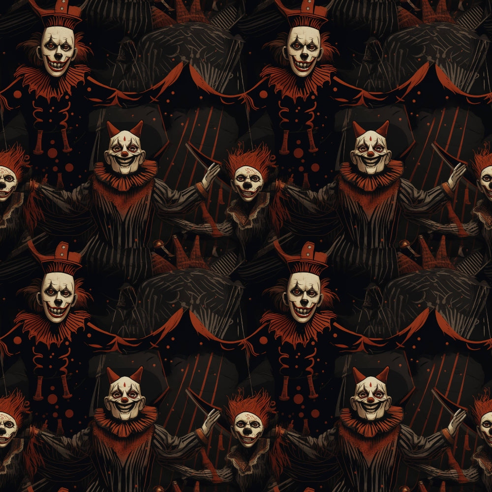 Repeating pattern of sinister clowns with white skull-like faces, red neck ruffles, and black clothing, set against a dark background with abstract red and black designs.