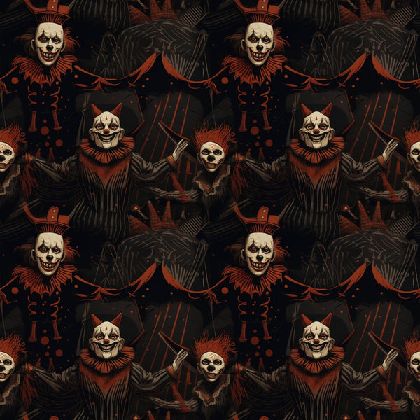 Repeating pattern of sinister clowns with white skull-like faces, red neck ruffles, and black clothing, set against a dark background with abstract red and black designs.