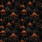 Pattern of vintage circus tents with red and yellow stripes, surrounded by dark tents and string lights, on a nighttime background.