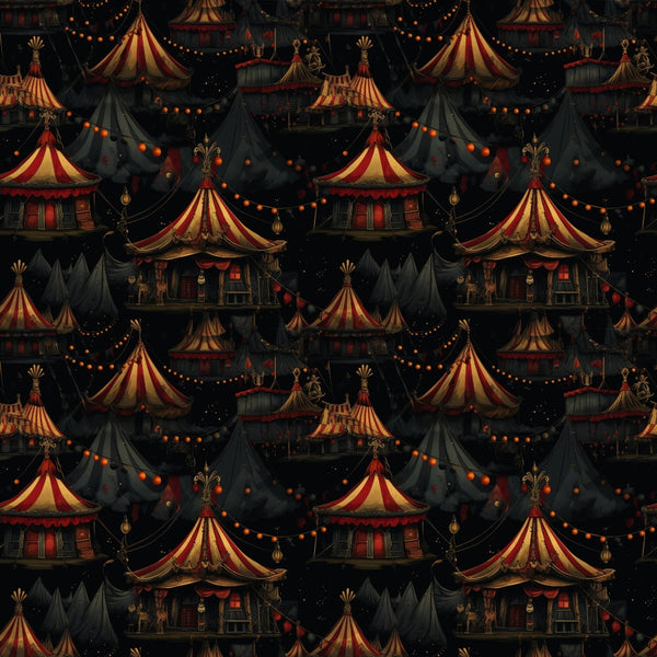 Pattern of vintage circus tents with red and yellow stripes, surrounded by dark tents and string lights, on a nighttime background.