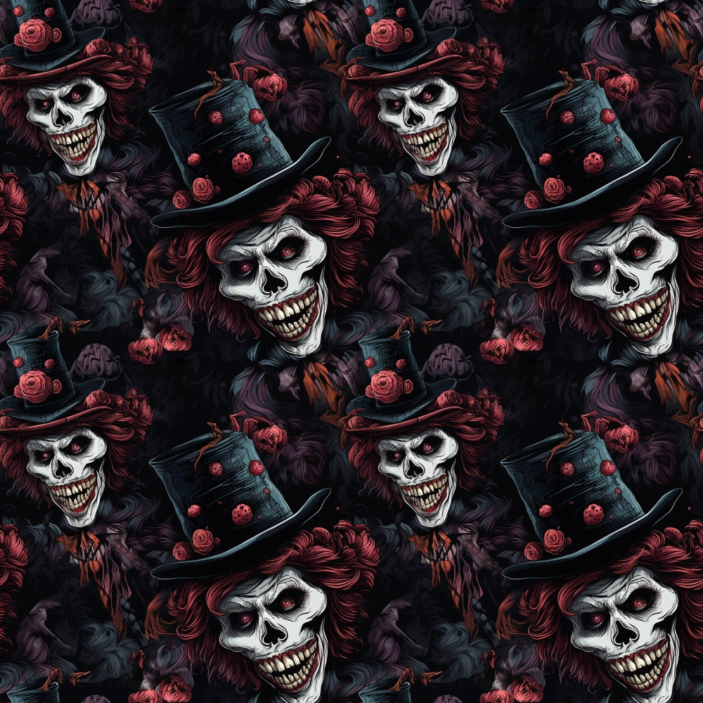 Pattern of skeletons with wide grins, wearing top hats adorned with red roses, on a dark, smoky background.