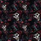 Pattern of skeletons with wide grins, wearing top hats adorned with red roses, on a dark, smoky background.
