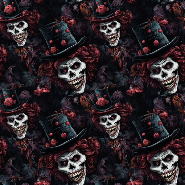 Pattern of skeletons with wide grins, wearing top hats adorned with red roses, on a dark, smoky background.
