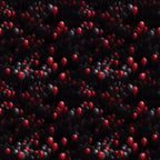 A pattern of red and black balloons floating closely together against a dark background.