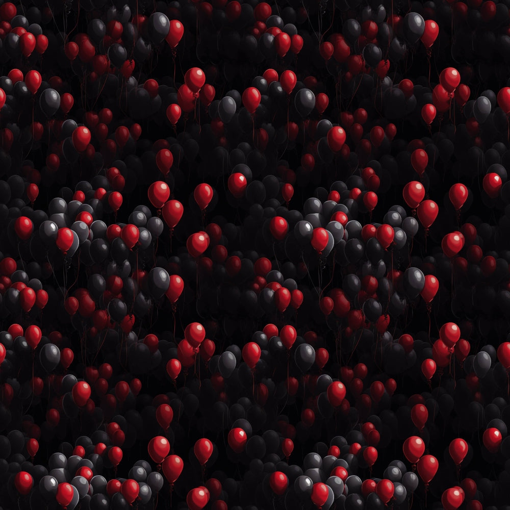 A pattern of red and black balloons floating closely together against a dark background.