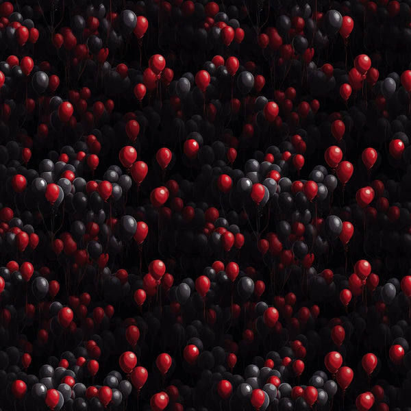 A pattern of red and black balloons floating closely together against a dark background.