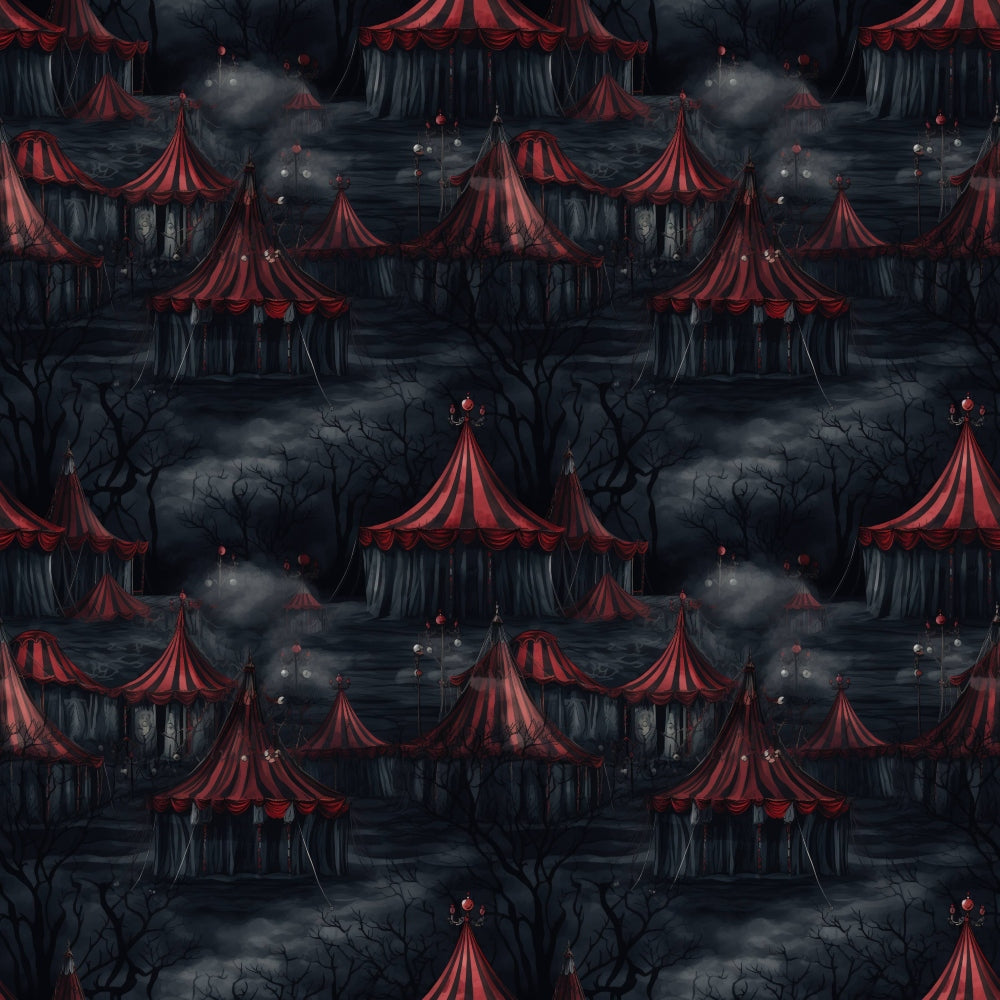 Dark circus tents with red and black stripes are scattered in a gloomy, foggy landscape with leafless trees.