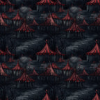 Dark circus tents with red and black stripes are scattered in a gloomy, foggy landscape with leafless trees.